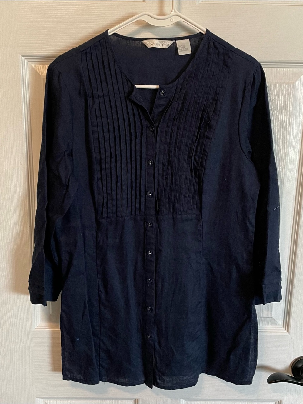 Vintage Tweeds Linen Tunic Blouse L Navy Blue Pintuck Button Front